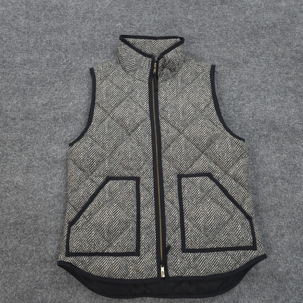 J‎ Crew Vest Womens Small Tan Gray Herringbone Quilted Down Puffer Zip Pockets